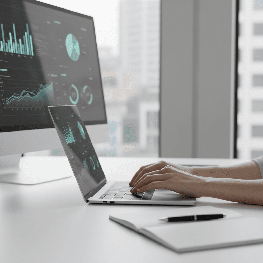 Business consultant analyzing performance metrics and growth data on computer screens